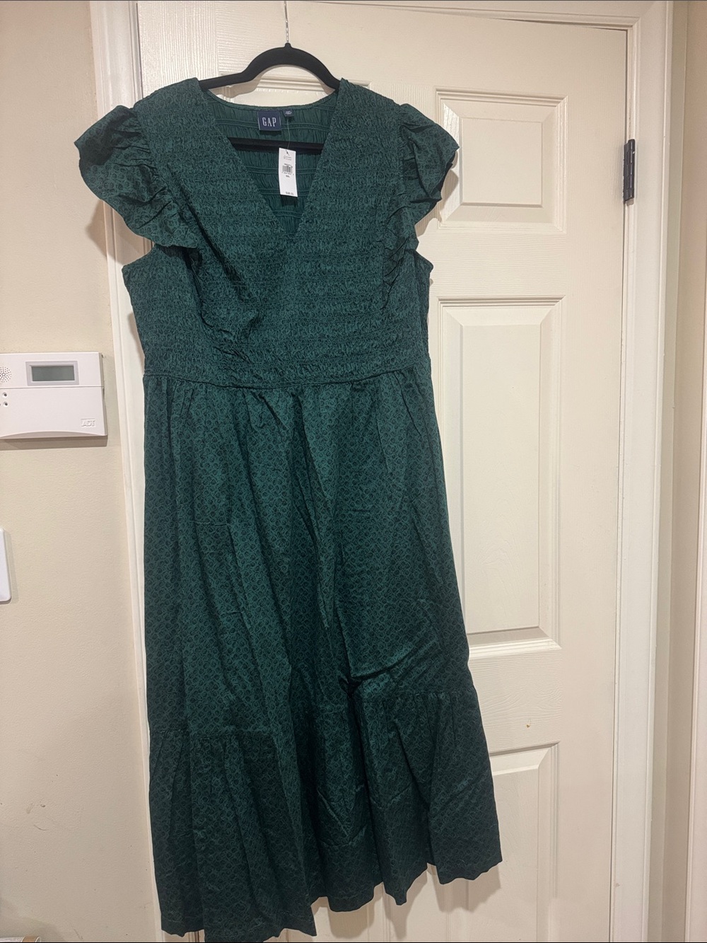 GAP Women's Dark Green w/ black flowers/V-Neck Ruffle Sleeve Maxi Dress/US 14!